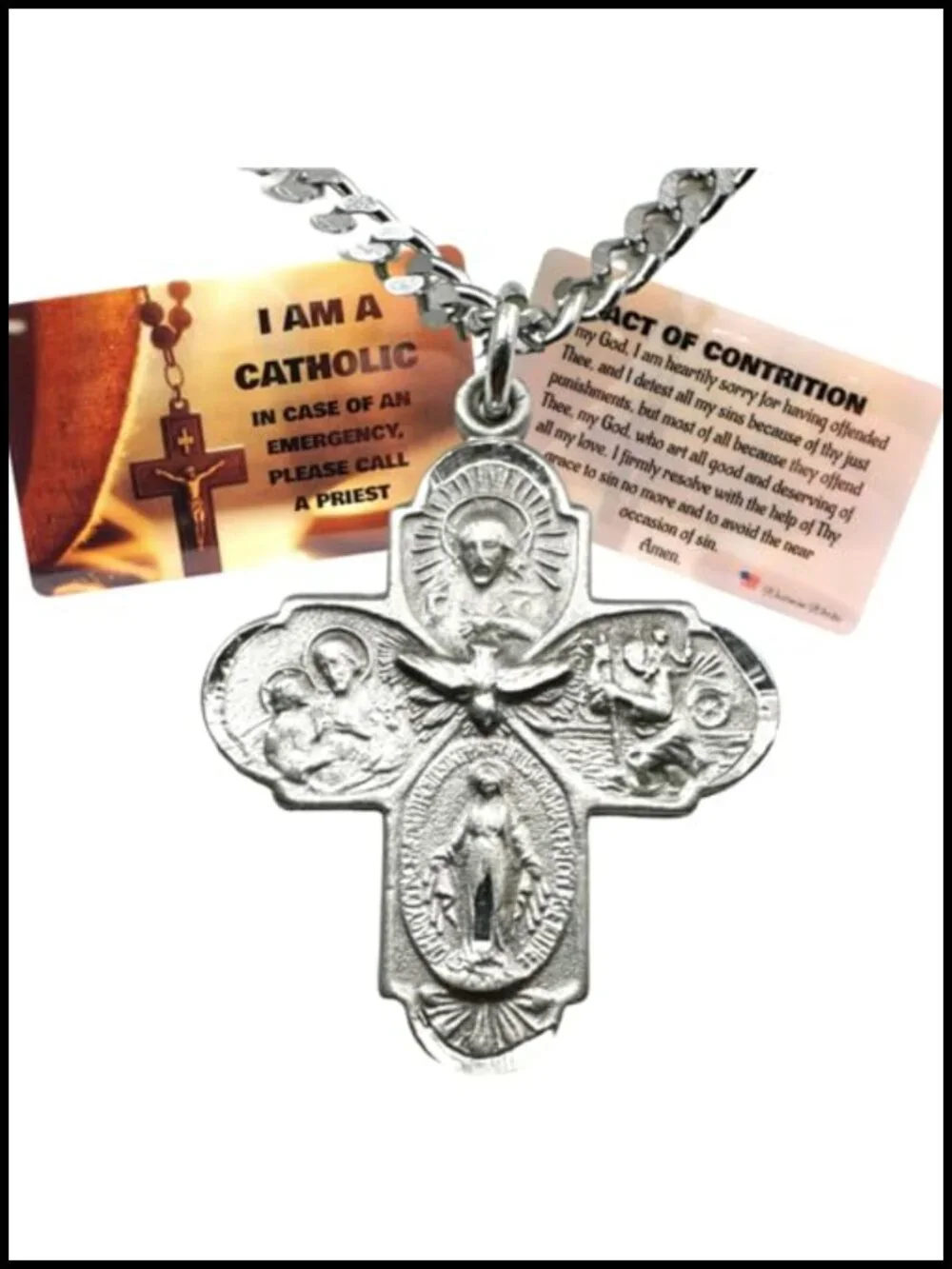 Four Way Pewter Medal Necklace Stainless Steel Chain Catholic Holy Card Set